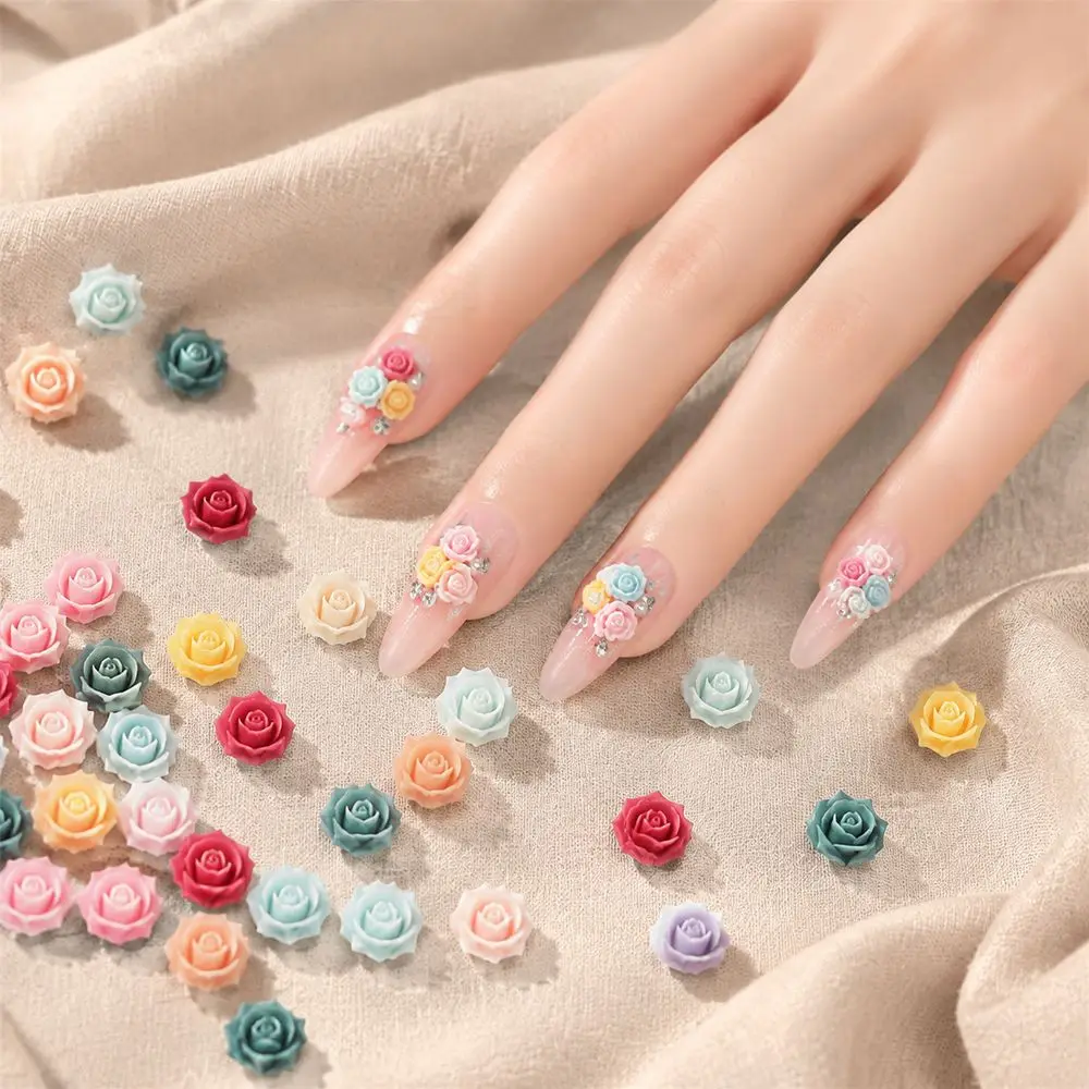 50Pcs Romantic Acrylic Nail Decor Pastel Multi Color Camellia 3D Flatback Mini DIY Nail Art Accessories Prom Party Supplies
