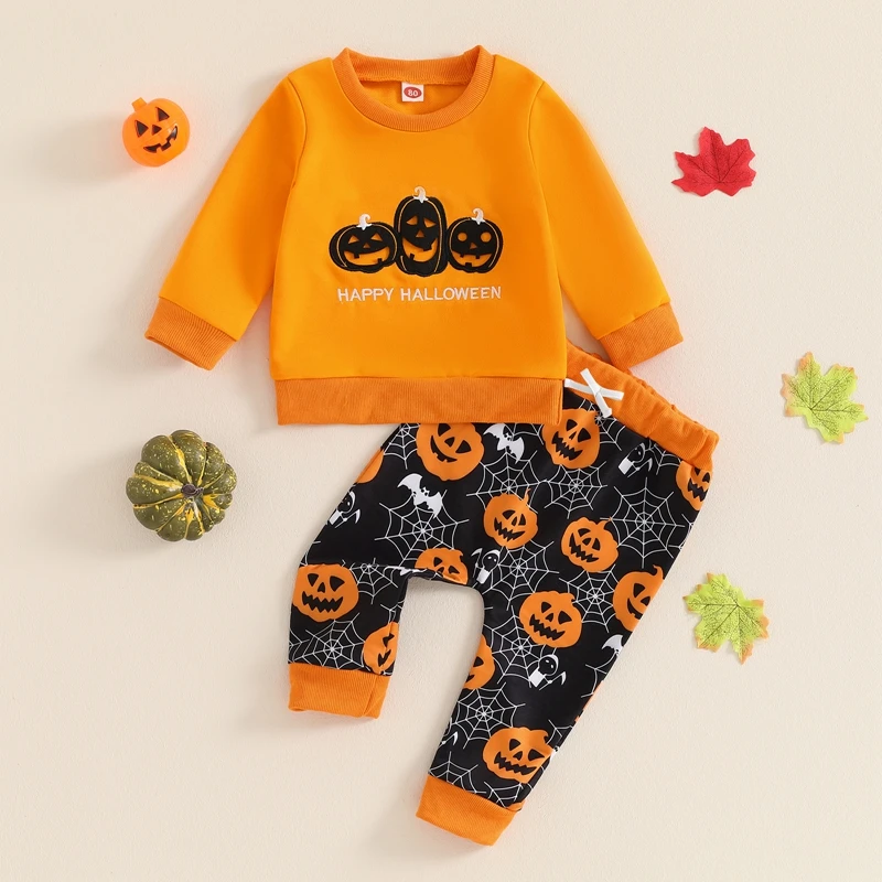 

2Pcs Baby Boys Halloween Outfits Pumpkin/Bat/Reindeer Print Long Sleeve Sweatshirt Elastic Waist Pants Set Toddler Fall Clothes