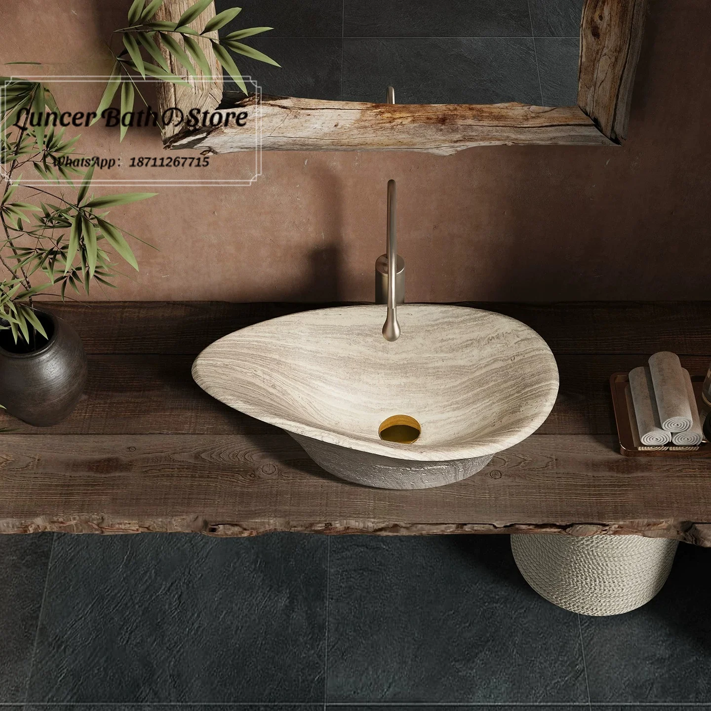 Lavabo de plataforma de piedra travertino beige medieval para baño, B&B, villa, club, hotel