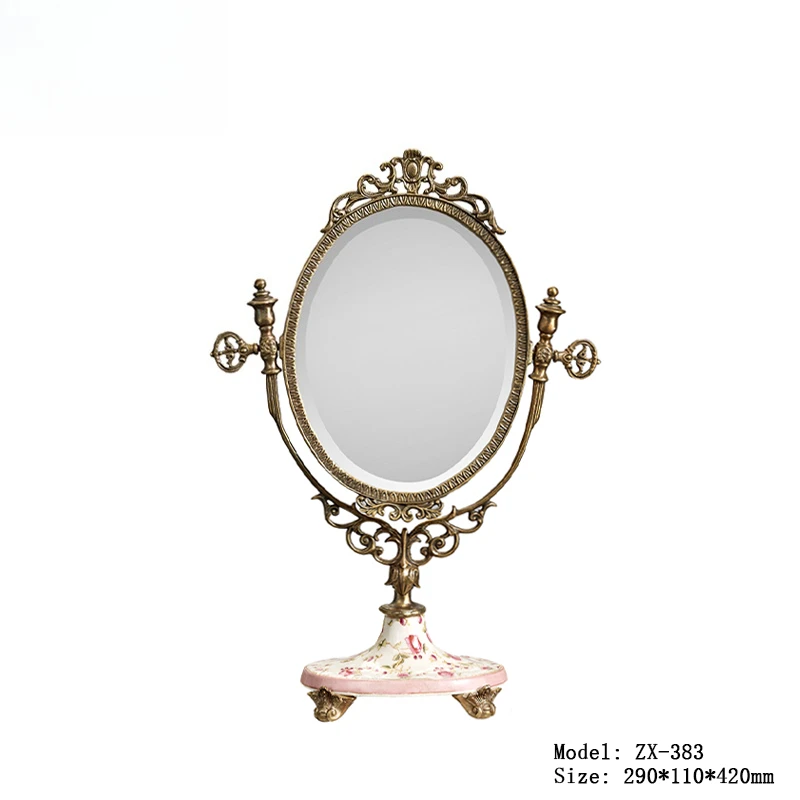 European retro bronze mirror French desktop vanity mirror ornament luxury vanity table hand-painted ceramic flower vanity mirror