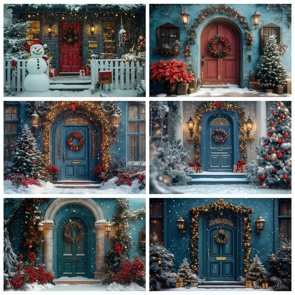 

Winter Christmas Photography Backdrop Wood Door Snow Snowman Kids Family Party Photocall Background Decor Photostudio Photobooth