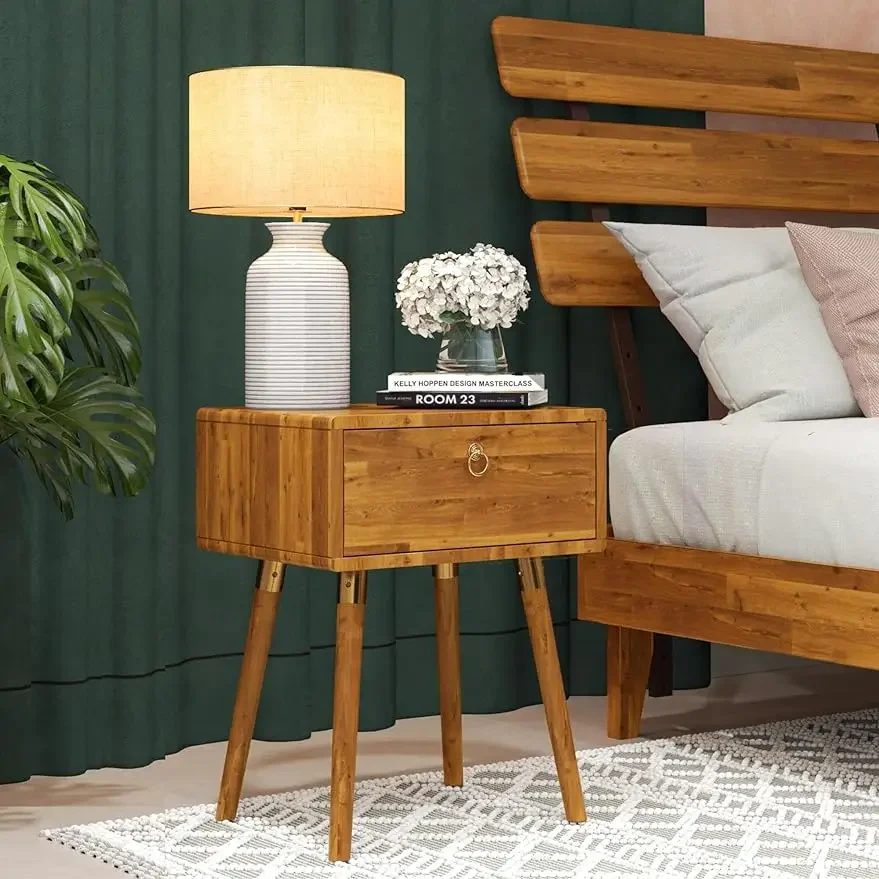 

Bme Caden Solid Wood Nightstand/Side Table/End Table, Fully Assembled, with 1-Drawer for Mid Century Bedroom