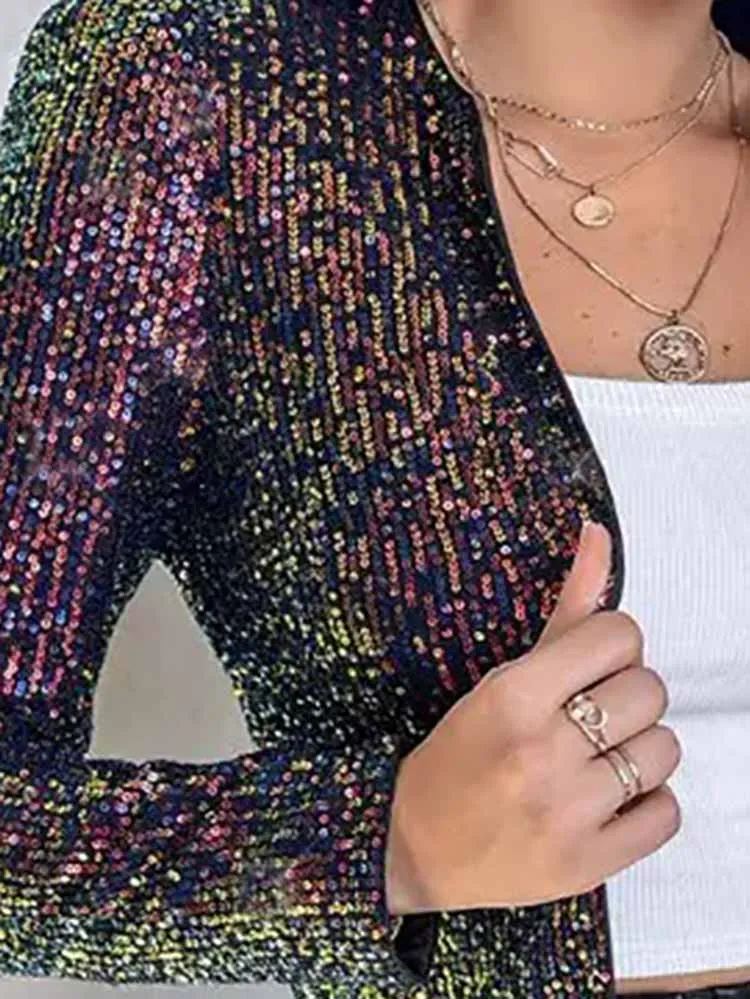 

Модный облегающий кардиган с блестящими пайетками, 2025 г., элегантные короткие куртки с v-образным вырезом и длинными рукавами, женские повседневные дорожные пальто с узором и принтом