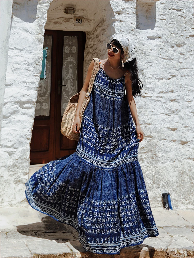 

Оригинальное платье MacX с длинным бисерным принтом и завязками на шее, в отпускном стиле, А-силуэт, свободный крой, круглый вырез, без рукавов, из вискозы