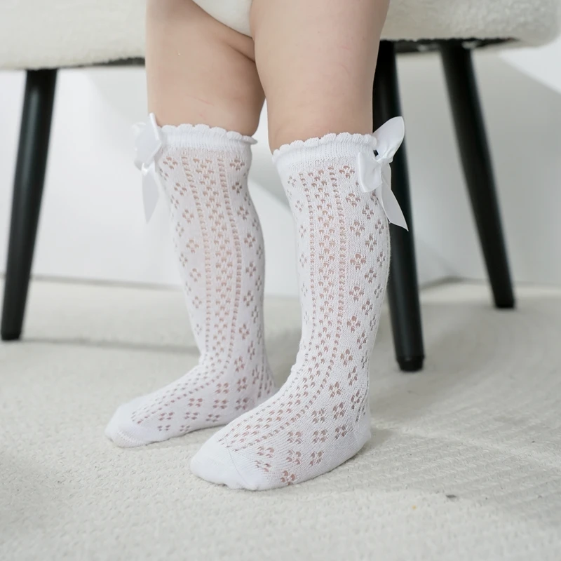 0-24M Infant Baby Girls Knee High Socks Breathable Cutout Mesh Cute Bows Dress Socks Newborn Stockings for Clothing Accessories