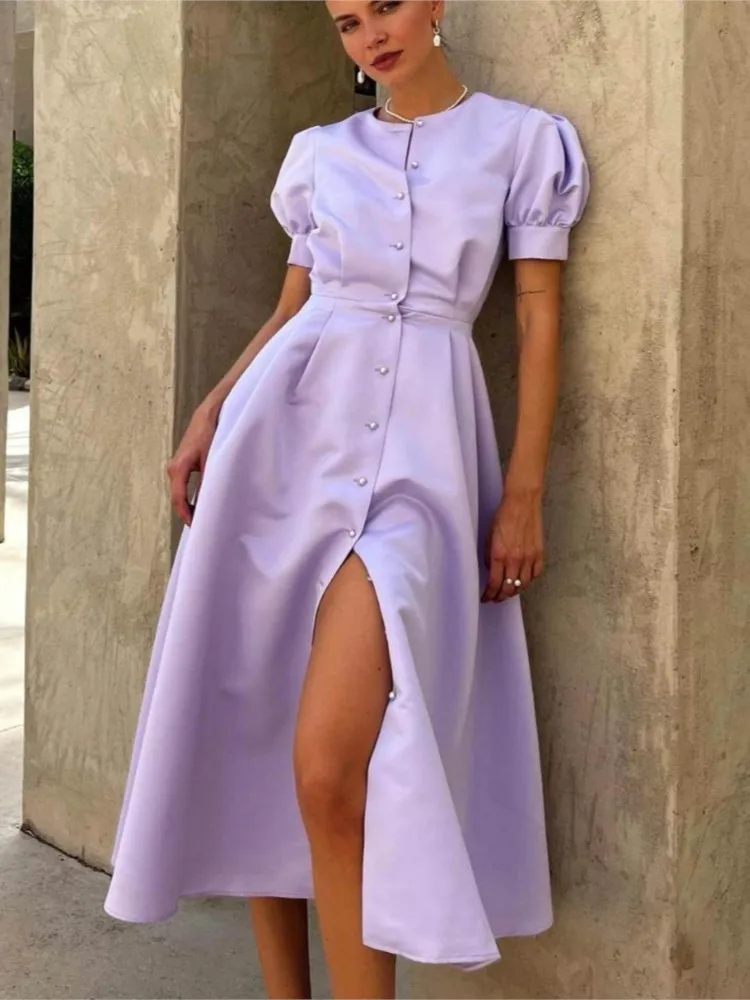 Summer French Puff Sleeve Solid Party Dress 2024 Fashion Sexy Buttoned Elegant Maxi Dress Temperament Slim Lady Dresses Vestidos