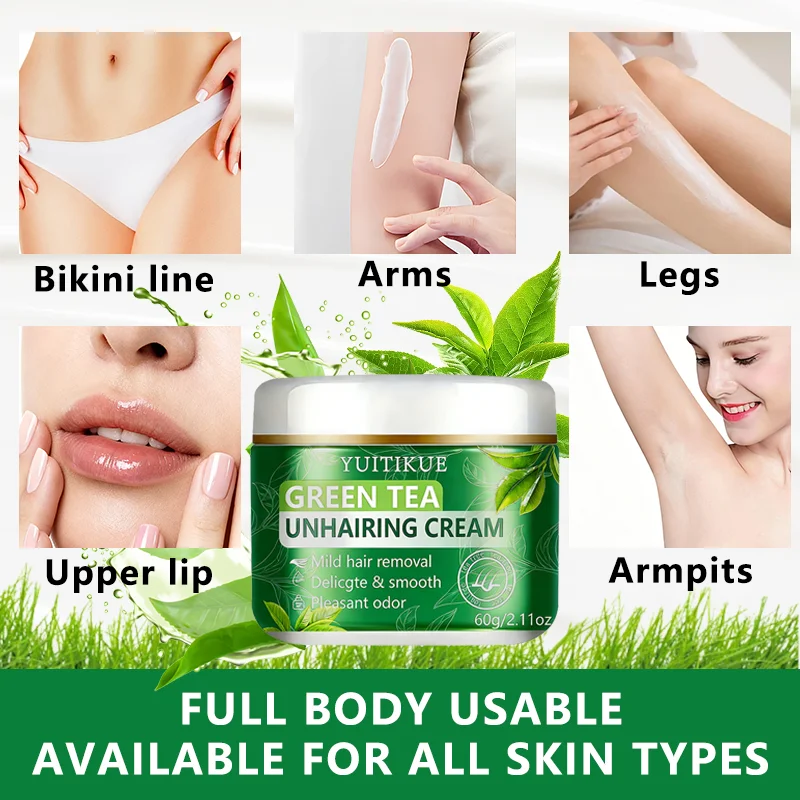 YUITIKUE Green Tea Unhairing Cream | Mild Hair Removal Formula | Delicate Smooth Skin & Pleasant Odor For All Skin Types 60g image 6