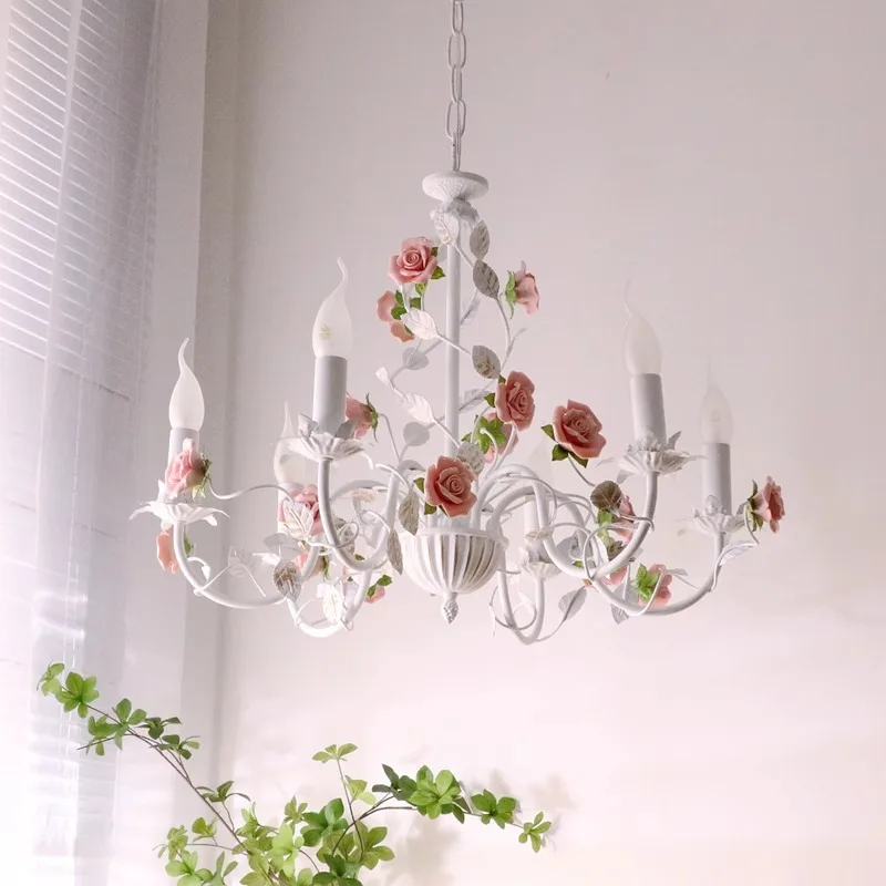 @Pastoral bedroom chandelier, living room, children's room, iron flowers and plants, warm retro princess style, fresh lamps