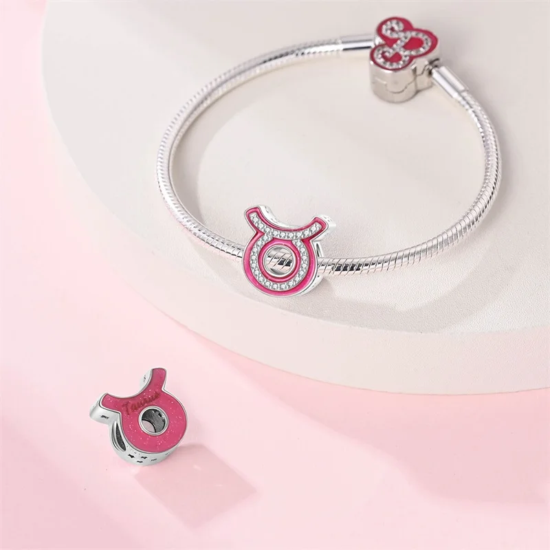 Hot Sale 100% 925 Sterling Silver 12 Pink Constellation Charms Beads Fit Pandach 925 Original Bracelet Fine DIY Birthday Jewelry