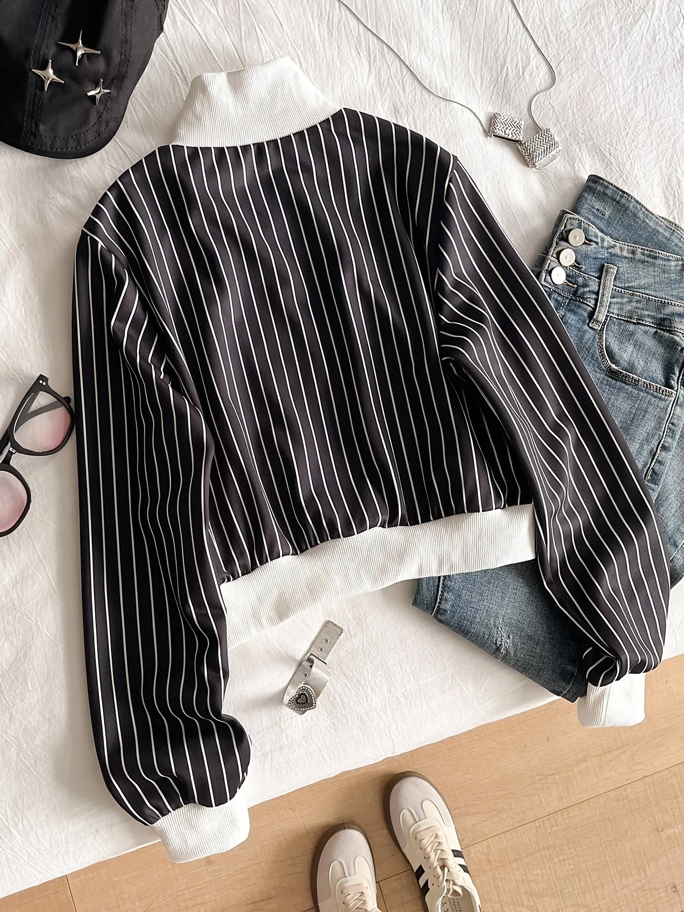 Girls Y2K Retro New York Varsity Jacket Black White Pinstripe Stand Collar Cropped Coat, Streetwear Casual Outerwear