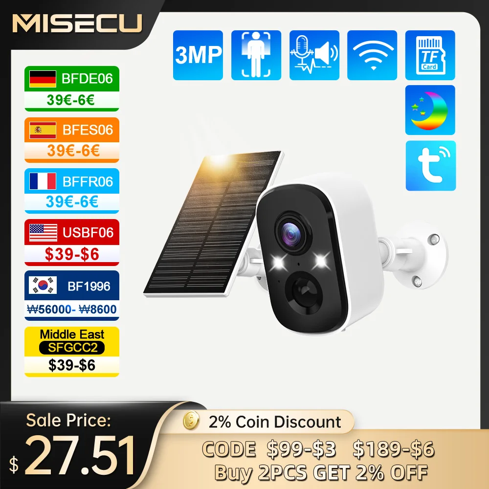 MISECU Tuya 3MP WIFI Security Battery Camera with Solar Panel Wireless Outdoor Human Detect Surveillance IP Camera Color Night