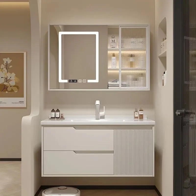 Cream Oak Bathroom Vanity with Ceramic Integrated Basin Smart Simple Washbasin Unit for Toilet Area Modern Home Decor
