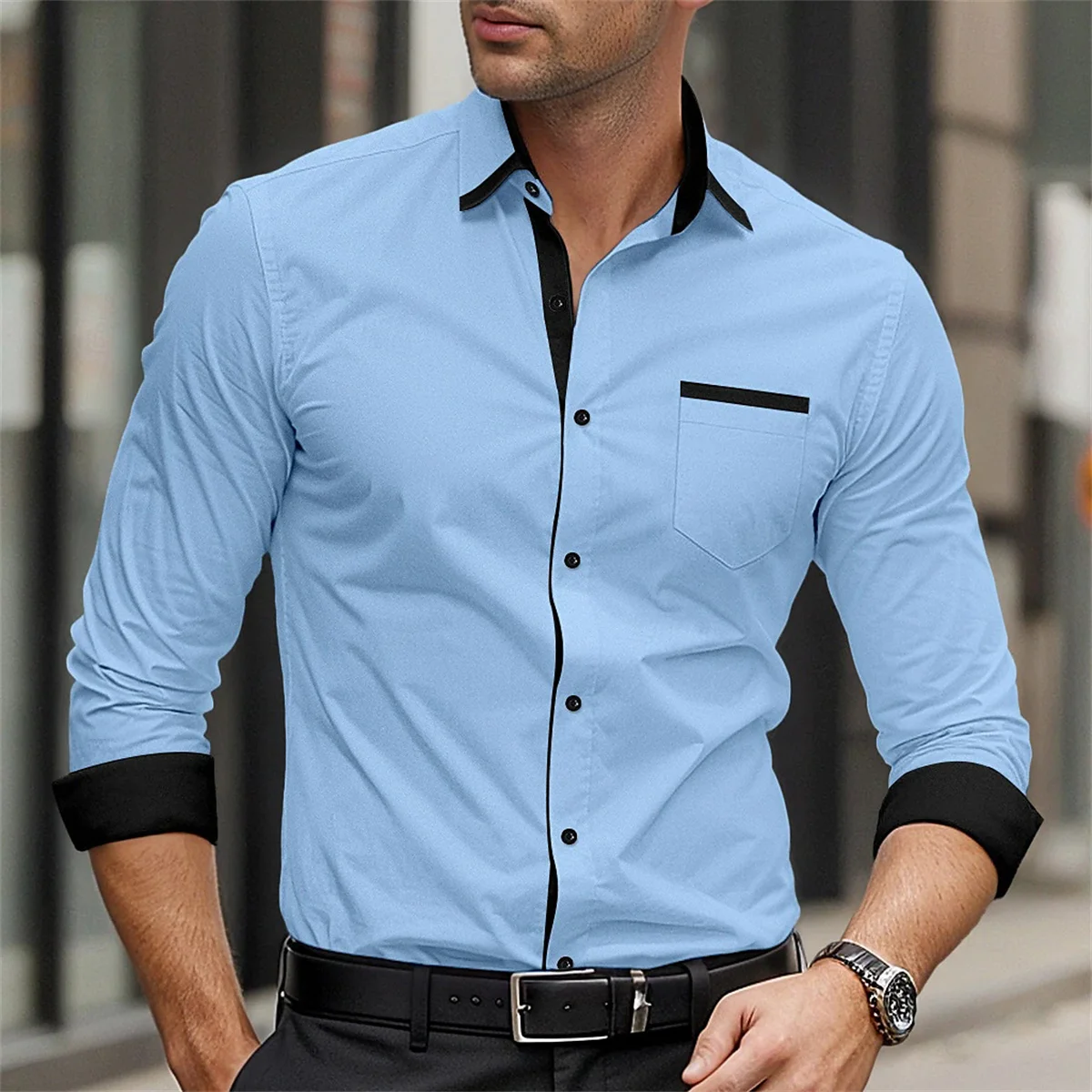 New men\'s formal button up shirt long sleeved solid color lapel for spring and autumn weddings, daily pocket patchwork clothing