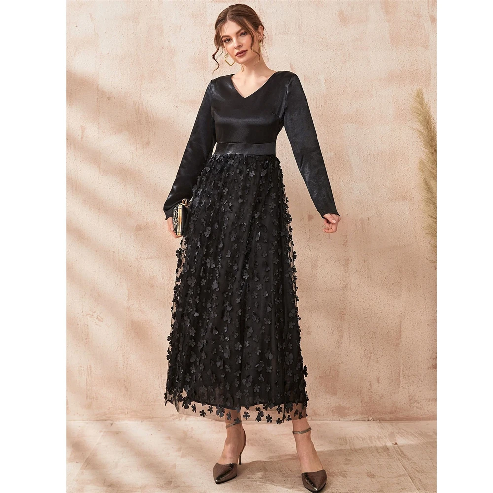 

3D Flower Embroidery Prom Dress V-Neck Women A Line Long Sleeves Floral Formal Evening Party Gowns Black Muslim Islamic Vestidos