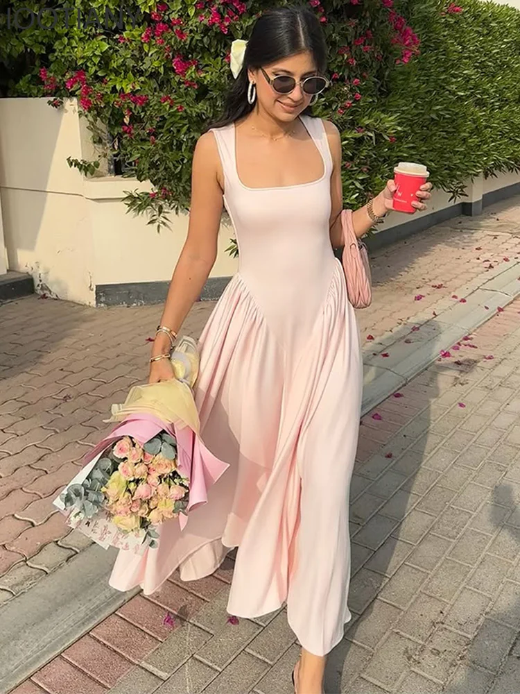 

Women's Elegant Solid Color High Waist Pleated Maxi Dress Fashion Square Neck Sleeveless Dress Professional Beach Streetwear