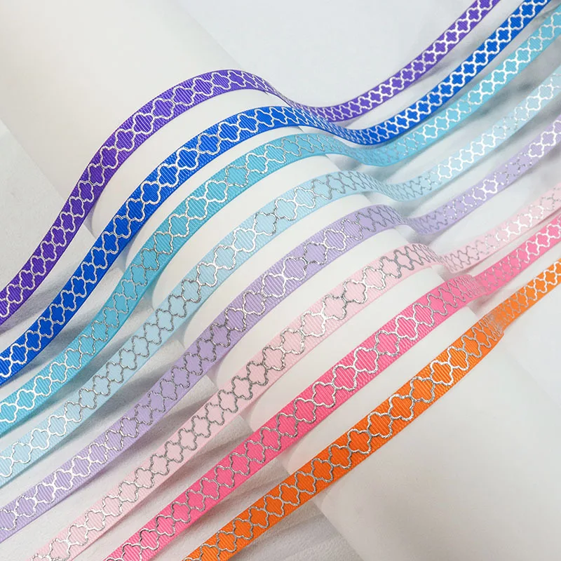 10mm Silver Foil Clover Quatrefoil Yama Grosgrain Ribbon 100 Yards, DIY Tape for Gift Wrapping Hair Bow Crafts
