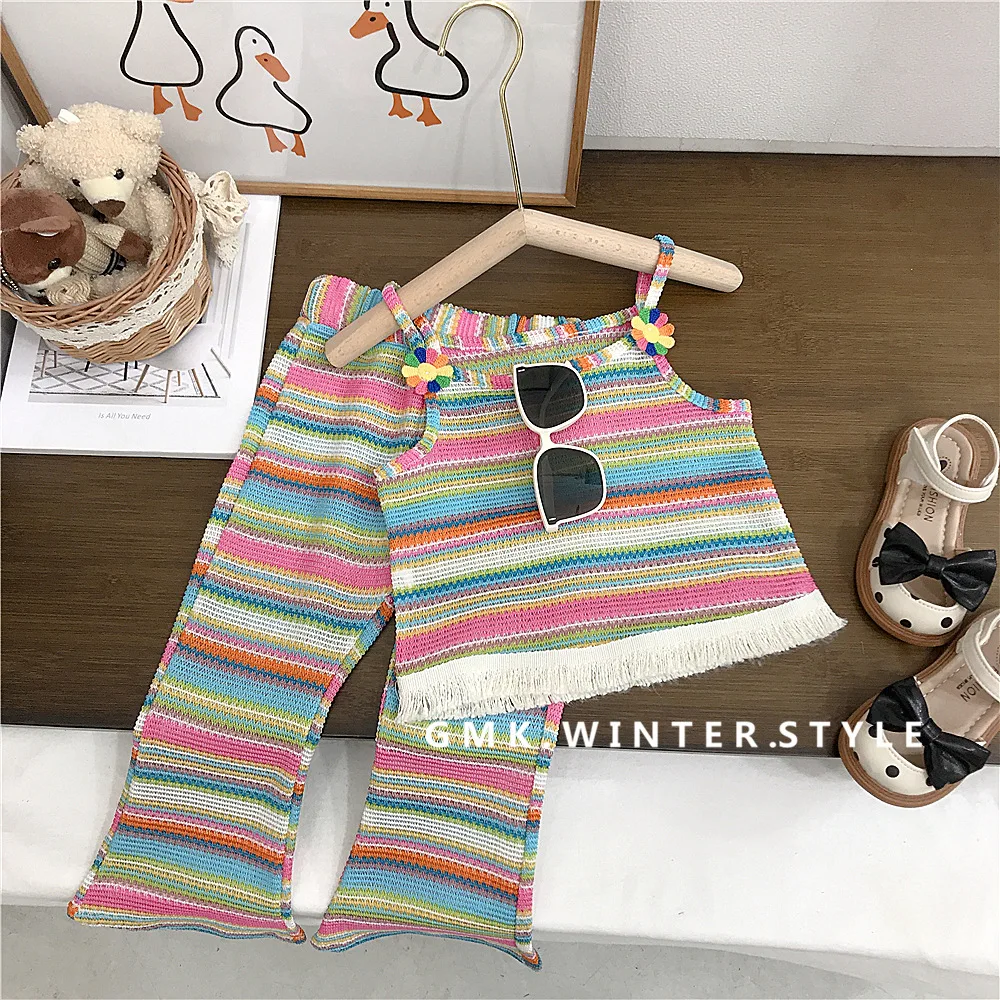 

Kids Clothes 2 Pieces Sets Girls Summer 2023 Fashion Colorful Striped Suspenders Bell-bottomed Pants Sleeveless Eleastic Waist