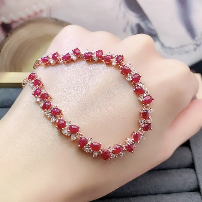 SACEGEMS New Certified 925Sterling Silver 3*4MM Natural Ruby Gemstone Bracelrts for Women Engagement Cocktail Party Fine Jewelry