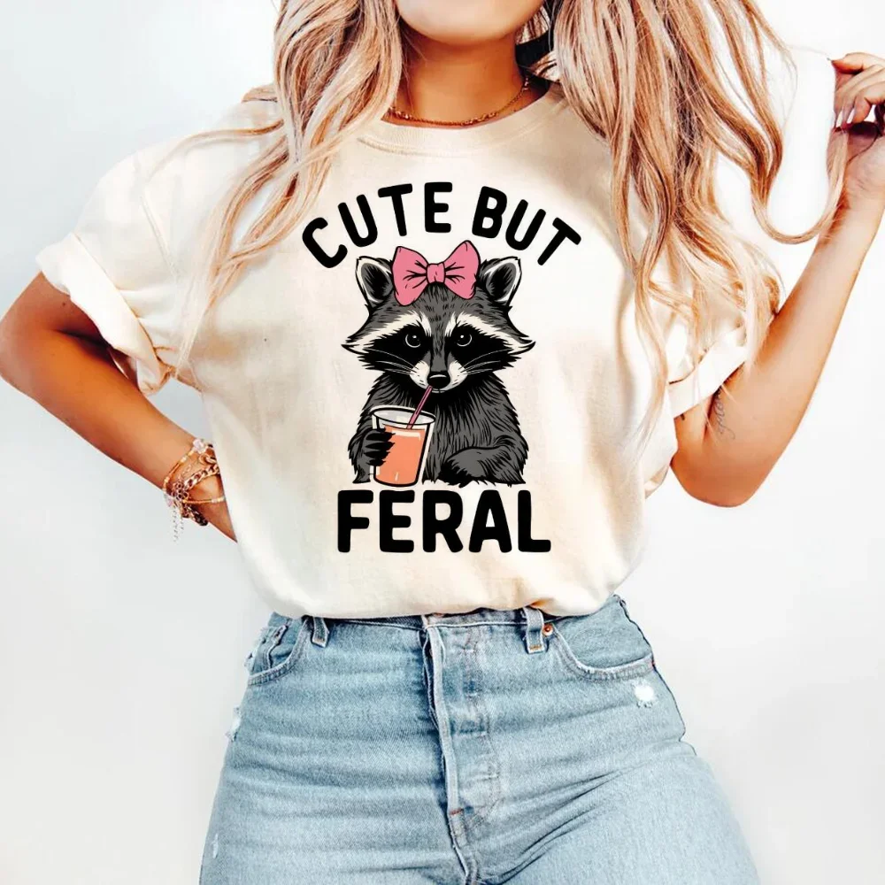 Retro Cute But Feral Raccoon Women's Summer T-Shirt Pattern Printed Casual Round Neck Short Sleeve Sweet Versatile Top T-Shirt