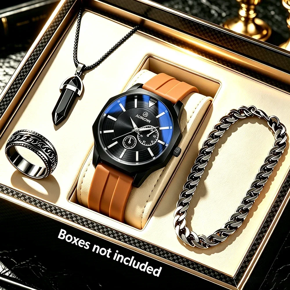 4-Piece Men's Quartz Watch - Fashion Wristwatch, with a Set of Ring, Necklace and Bracelet.