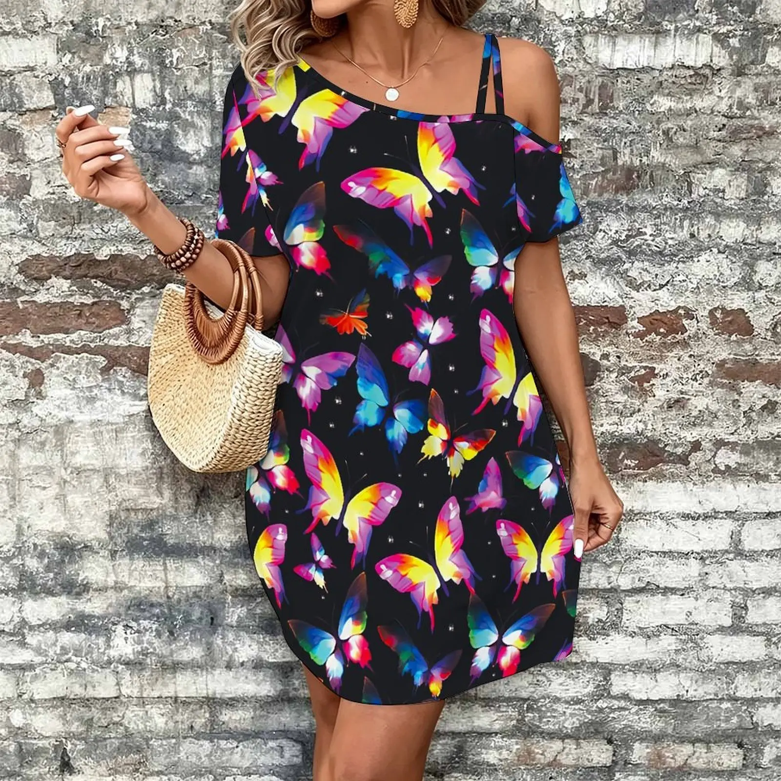 Women Print Cold Shoulder Short Sleeve Mini Dress Irregular Off Shoulder Casual Loose Tunic Dress