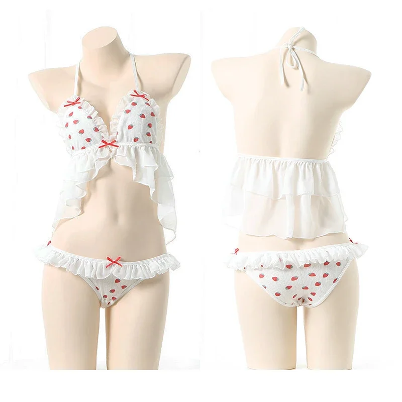 Cute Sweet Girl Strawberry Chiffon Ruffle Lingerie Anime Cosplay Set Bikini Swimstuit Lolita Pajamas Sleepwear Drop Ship