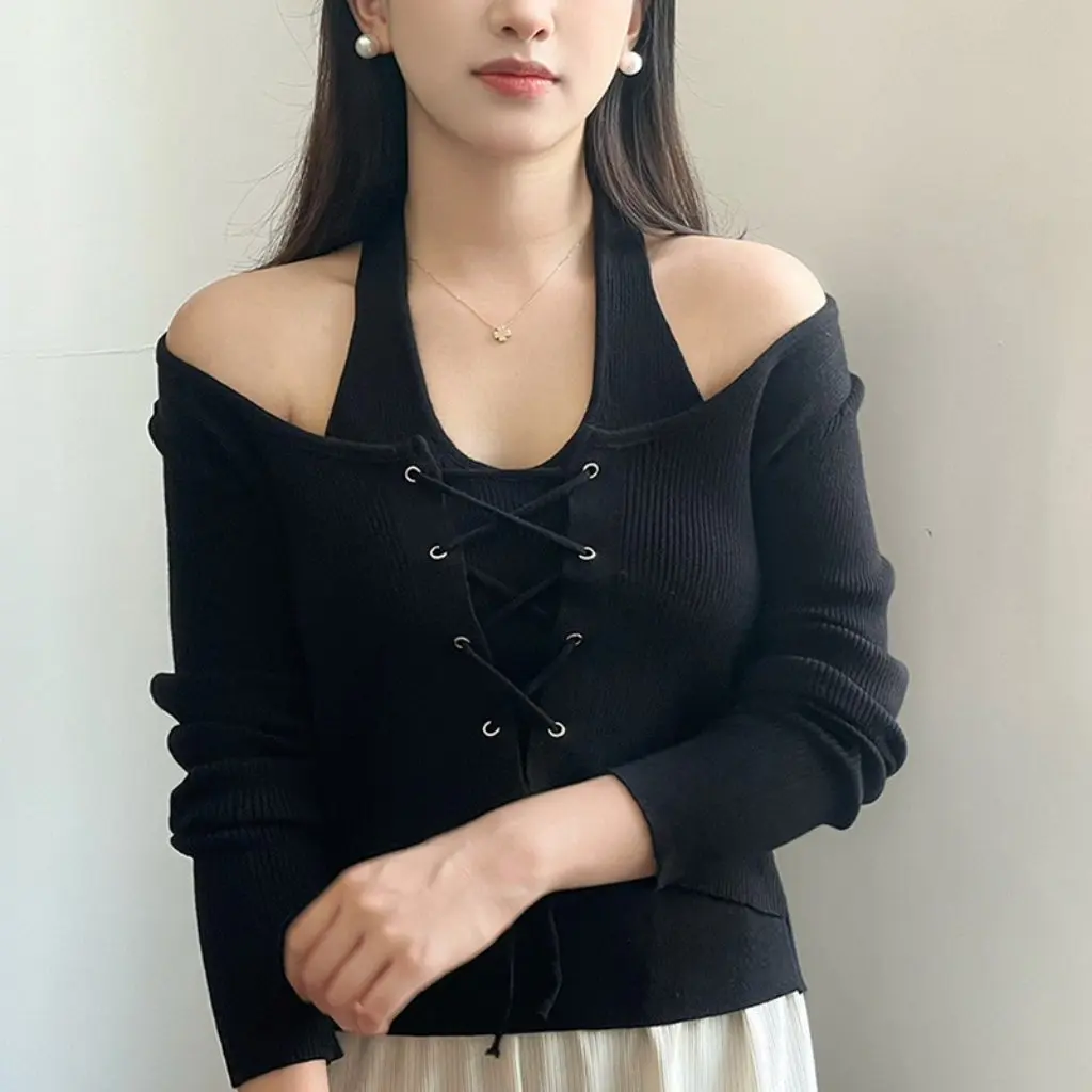 

Женский вязаный свитер с длинными рукавами Pure Desire, модный искусственный топ из двух предметов с воротником и поясом на осень-зиму