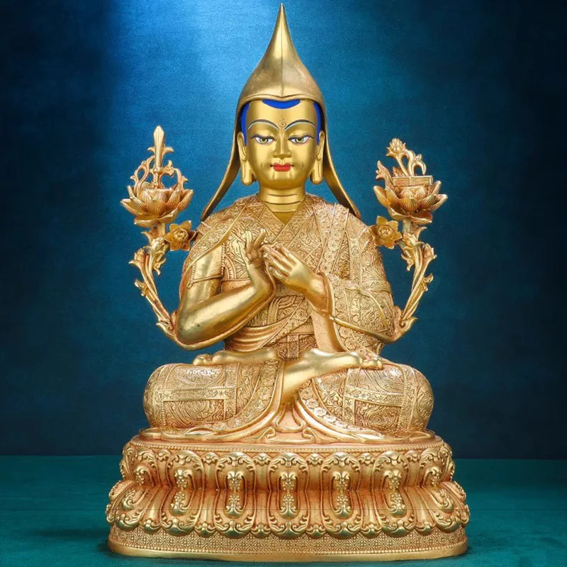Tibetan Tantric Master Tsongkhapa Buddha Statue Ornament, Copper Imitation of Nepal, Fully Gilt, for Worship on the Altar