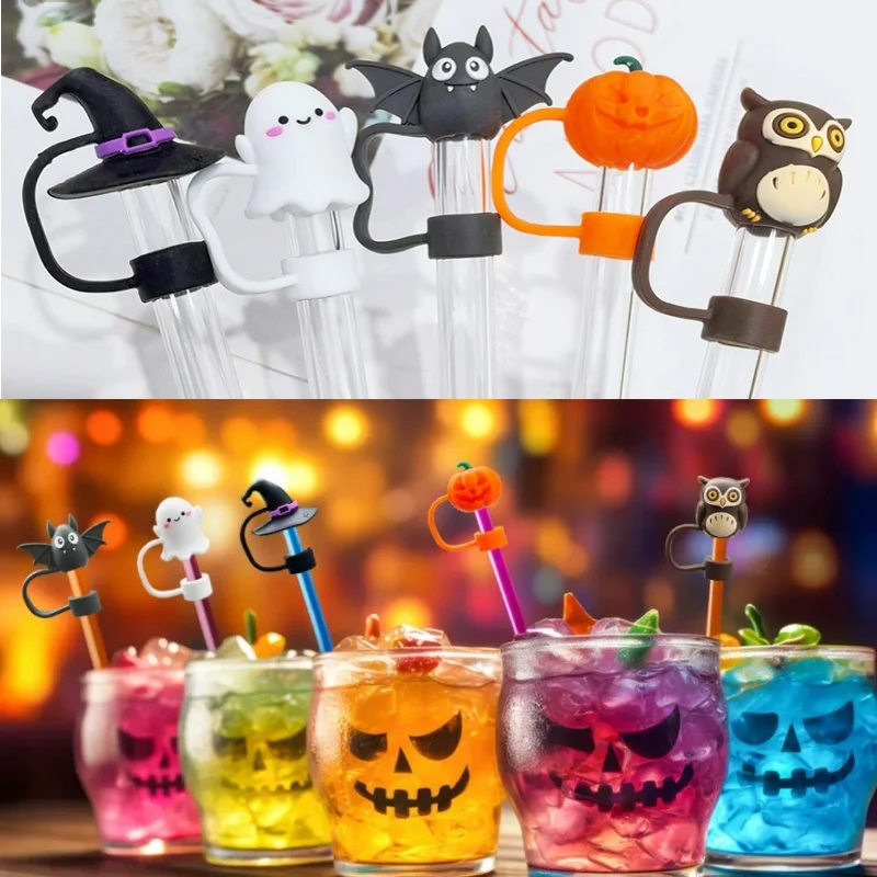 1 Set Halloween Straw Cover Cap for Stanley Cup Silicone Straws Topper for 10mm Straw Dust-Proof Reusable Straw Tips for Tumbler