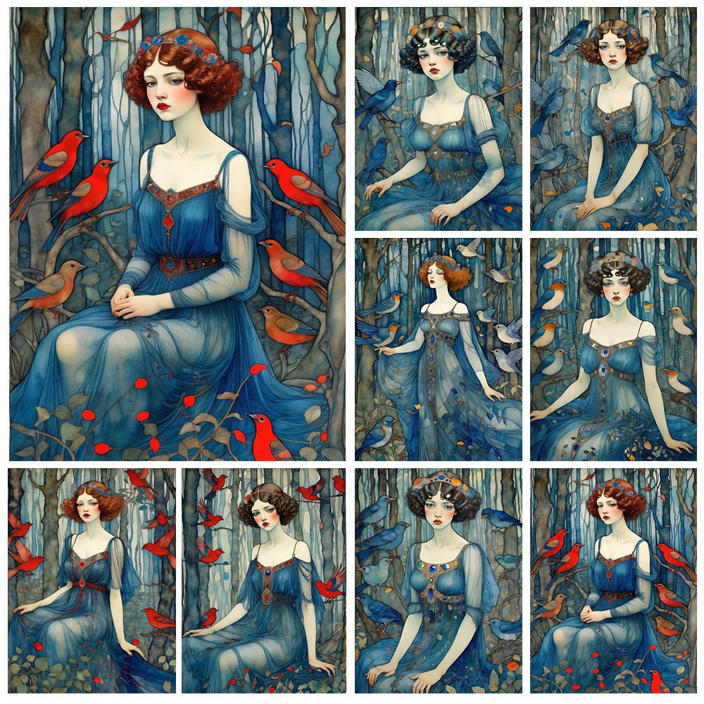 

Fantasy Magic Forest Elegant Woman and Red Birds Art Aesthetic Poster Print Dark Blue Ink Canvas Painting Living Room Home Decor