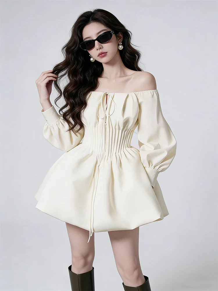 

Elegant Pleated One-Shoulder Dress Women's High-End Fashion Slimming Waist A-Line Skirt French Style Long Sleeve Zipper Back