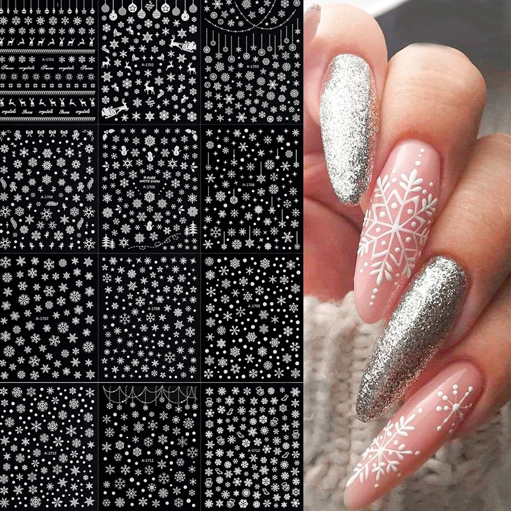 Autocollant pour ongles flocons de neige blancs 3D, 1 pièce, curseur adhésif pour bonhomme de neige, élan de noël, nouvel an, décalcomanies de flocon de neige, décoration de manucure
