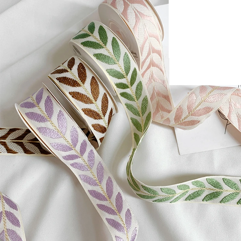 Leaf Embroidery With Ribbon Bouquet Packaging Ribbon Diy Material Webbing Sewing Ribbon Belt For Bag 25mm