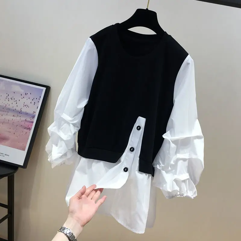 spring autumn new Round neck Long Sleeve fashion Sweatshirts women High street Striped Button Pullovers Fake two pieces tops