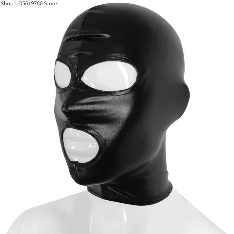 Rear Drawstring Adjustable Shiny Faux Leather Head Hood Open Eye Mouth Cutouts Full Face Mask Performance Cosplay Accessory 3