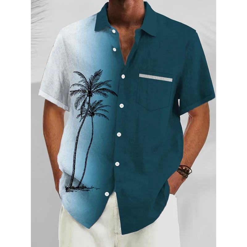 Vintage Hawaiian Coconut Tree Gradient Print Men's Button Pocket Shirt