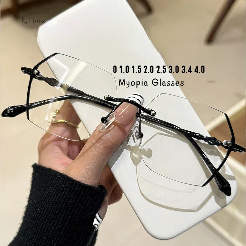 

Fashion Blue Light Blocking Near Sight Glasses Rimless Diamond Cutting Optical Prescription Shortsighted Eyewear Diopter 0~-4.0