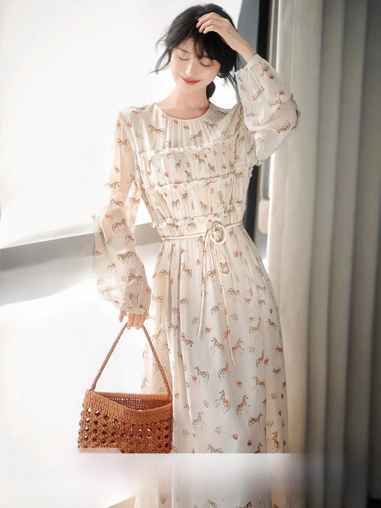 

ZhaodaXi Silk Dress Printed Lantern Sleeve Waist Belt Lady's Commute Style Long Sleeve round Neck Casual Fashion Dress