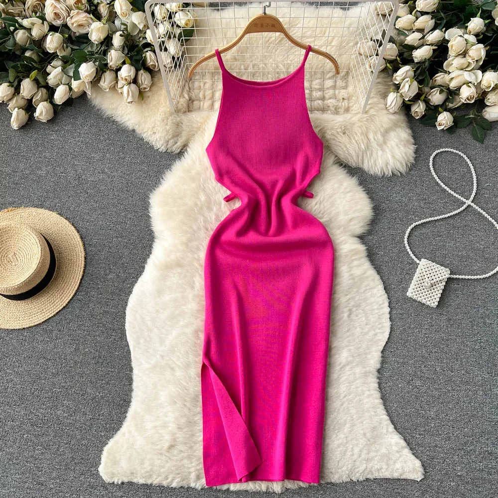 여성용 섹시한 스트랩 원피스, 신축성 있는 허리 바디콘 선드레스, 여성용 비치 스플릿 백리스 롱 원피스, 화이트, 그린, 핑크, 여름 니트, 2024