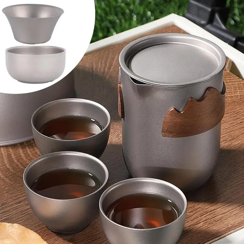 

Portable Lightweight Travel Tea Set with Storage Bag Built-In Strainer Titanium Tea Cups Teapot Outdoor Camping Hiking Tableware