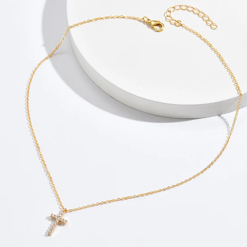 Fashion New Zircon Inlaid Cross Necklace Pendant Jewelry for Women Gold Color Long Clavicle Chain Necklaces