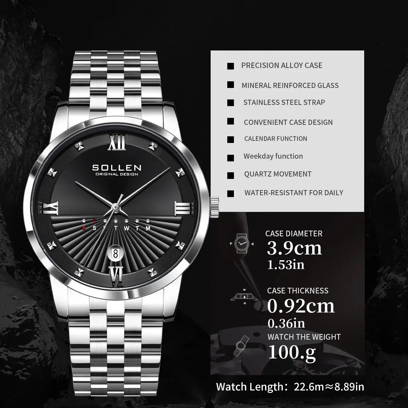 SOLLEN new men's quartz watch waterproof night light watch fashionable business men's watch