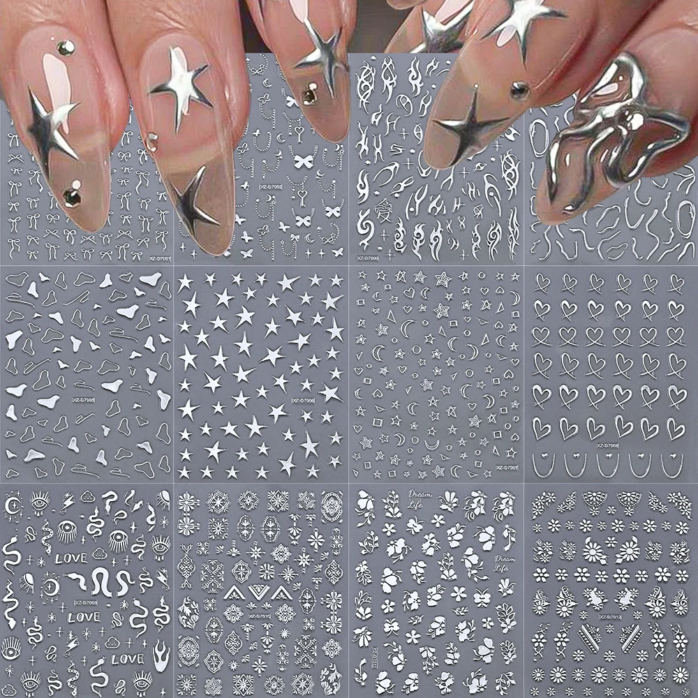 

12Pcs/set Silver Five-pointed Star Love Nail Sticker 3D Metallic Ribbon Bow Flame French Line Design Nail Decals DIY Nail Supply