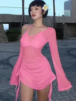Women's Solid Skew Collar Ruched Straps Lace-Up See through Draw String Mini Dress Summer 2025 Party Clubwear - Image 6