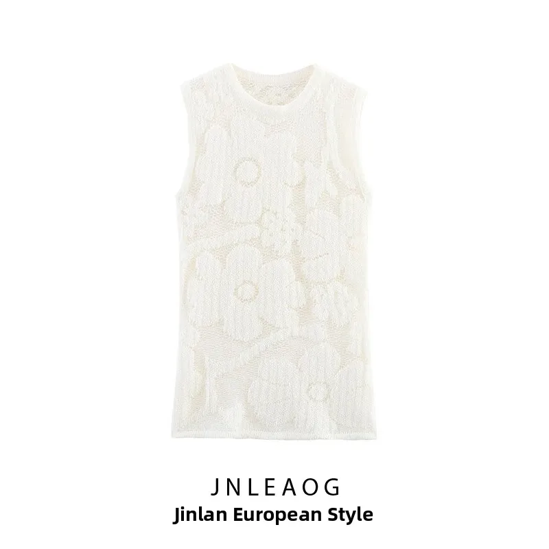 Top de Malha Estampado F Primavera Nova Moda E em Fibra de Poliéster com Decote Redondo Sem Mangas Casual