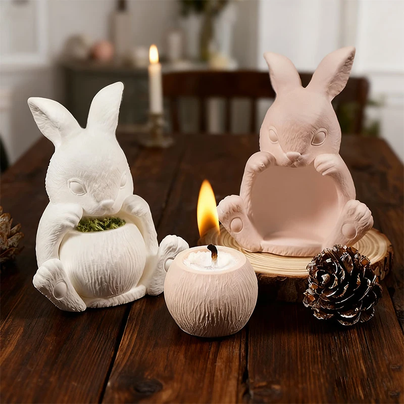 

2-Piece Easter Bunny Silicone Mold DIY Cute Animal Basket Hollow Rabbit Soy Wax Silicone Molds Kit Bunny Candle Holder