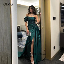 OIMG Dark Green Satin Long Mermaid Evening Dresses One Off Shoulder Split Dubai Arabic Women Prom Gowns Party Dress Vestidos