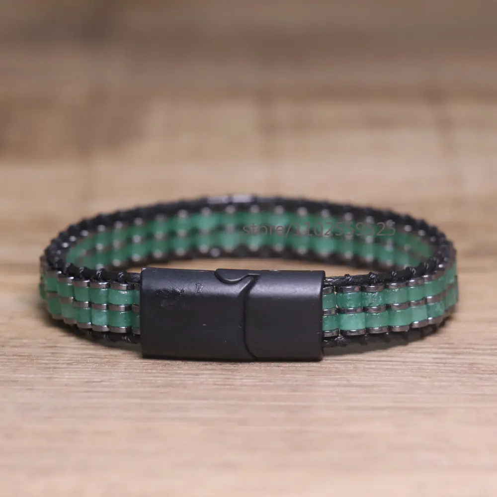 Natural stones Boho Handmade Braided Green Aventurine Beaded Magnetic fastener Bracelet for Men and Women Healing Jewelry