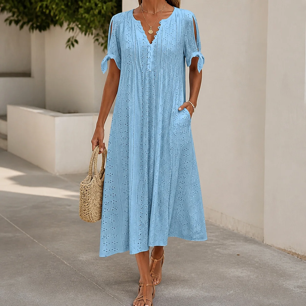 Pullover Dress Pocket High Waist Elegant Commuter with Single Breasted Multi Button Midi Length Summer V Neck Women Dress