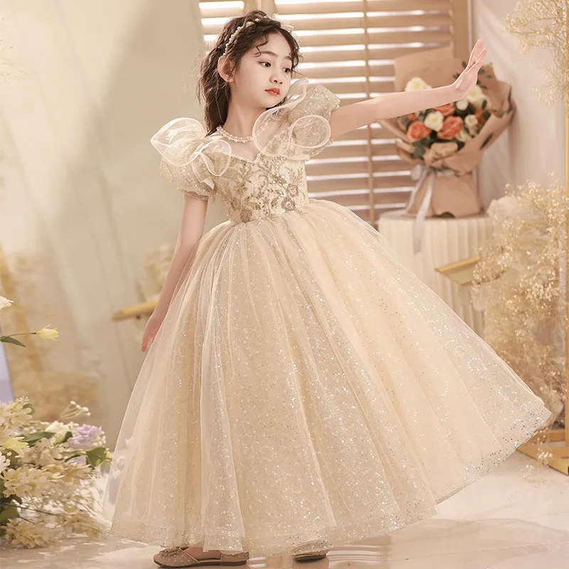 Champagne Flower Girl Dress Floral Lace Applique Children Wedding Party Gowns New Kids Clothes Princess First Communion Costume